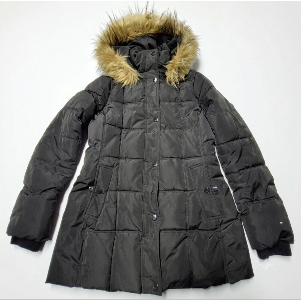 Tommy Hilfiger Womens Small Puffer Jacket Black Faux Fur Hood Parka Coat NWOT S